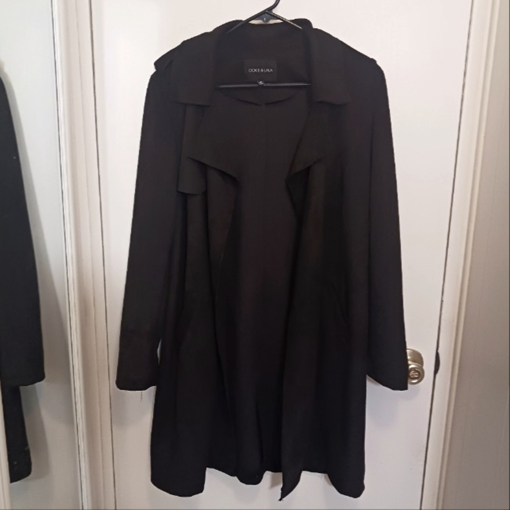 Ookie & LaLa Faux Suede Black Trench Coat Womens Sz M Office Quiet Luxury Soft!